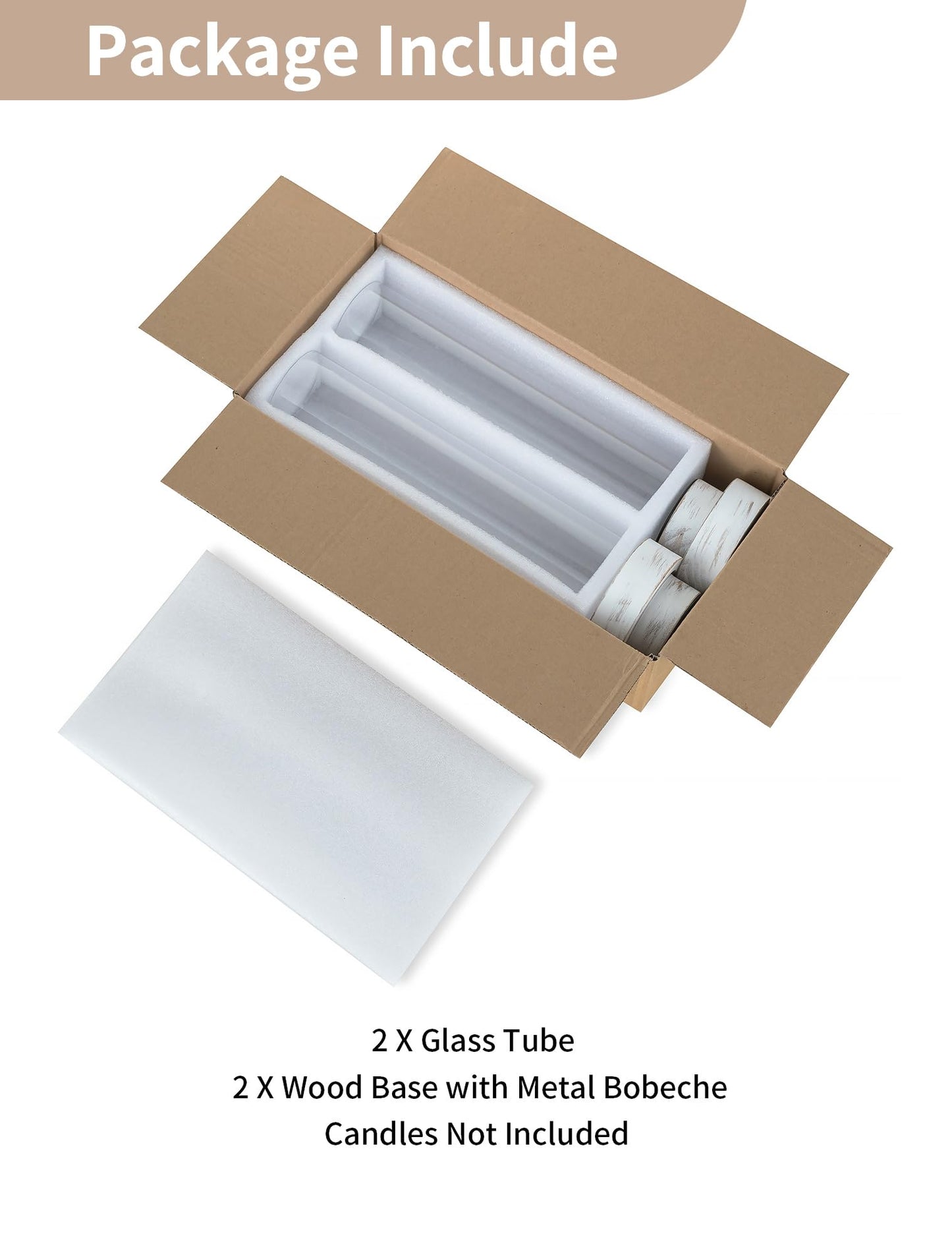 NUPTIO Dripless Candlestick Holders with Wax Catchers for Easy Cleaning: Set of 2 Hurricane Glass Candle Holders with Metal Bobeches - White Wood Farmhouse Home Decor for Wedding Table Centerpiece