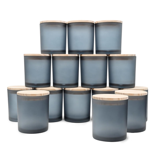 SHOWIN 10 OZ Thick Candle Jars for Making Candles 15 Pcs, Empty Jars with Wood Lids for Candle Making, Sample Container, Frosted Grey