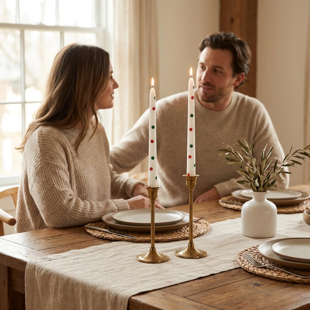 2 Pack Taper Candles, 10 Inch Unscented Candlesticks with Green Stripe Design for Holiday Table Centerpiece, Fireplace Mantel, Winter Weddings, Advent Wreaths, Seasonal Home Decor