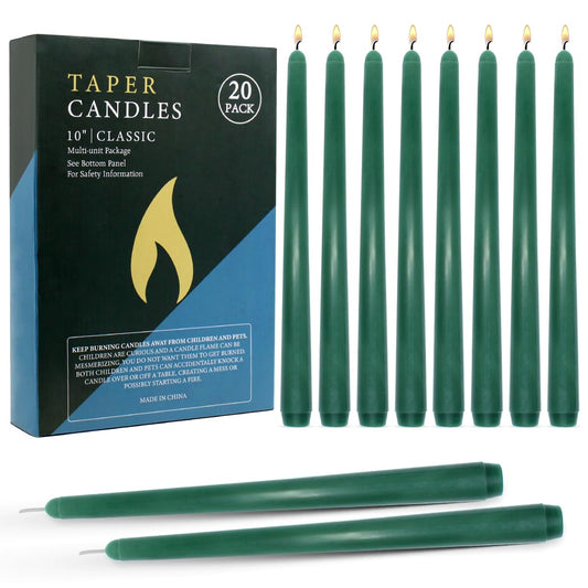 10 Inches Green Unscented Taper Candles for Spring and St. Patrick's Day, 20 Pcs 7/8 Inch Thin Candle Sticks for Dinner, Party, Christmas, Home Decoration and Emergency