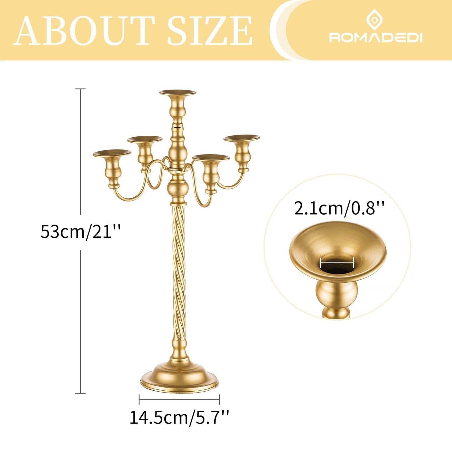 Romadedi Candelabra Gold Candle Stand: 21'' Tall 5-Branch Candlestick Holder for Wedding Centerpiece Decor Christmas Holiday Event Reception Decoration, Set of 2
