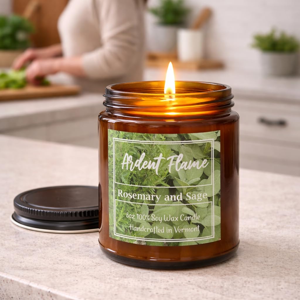 Ardent Flame Candles | Rosemary and Sage | 100% Natural Soy Wax Candle for Home Decor | Highly Scented | Premium Fragrance | Handmade in Vermont, USA | 8 oz | Long Lasting | Gift for Women and Men