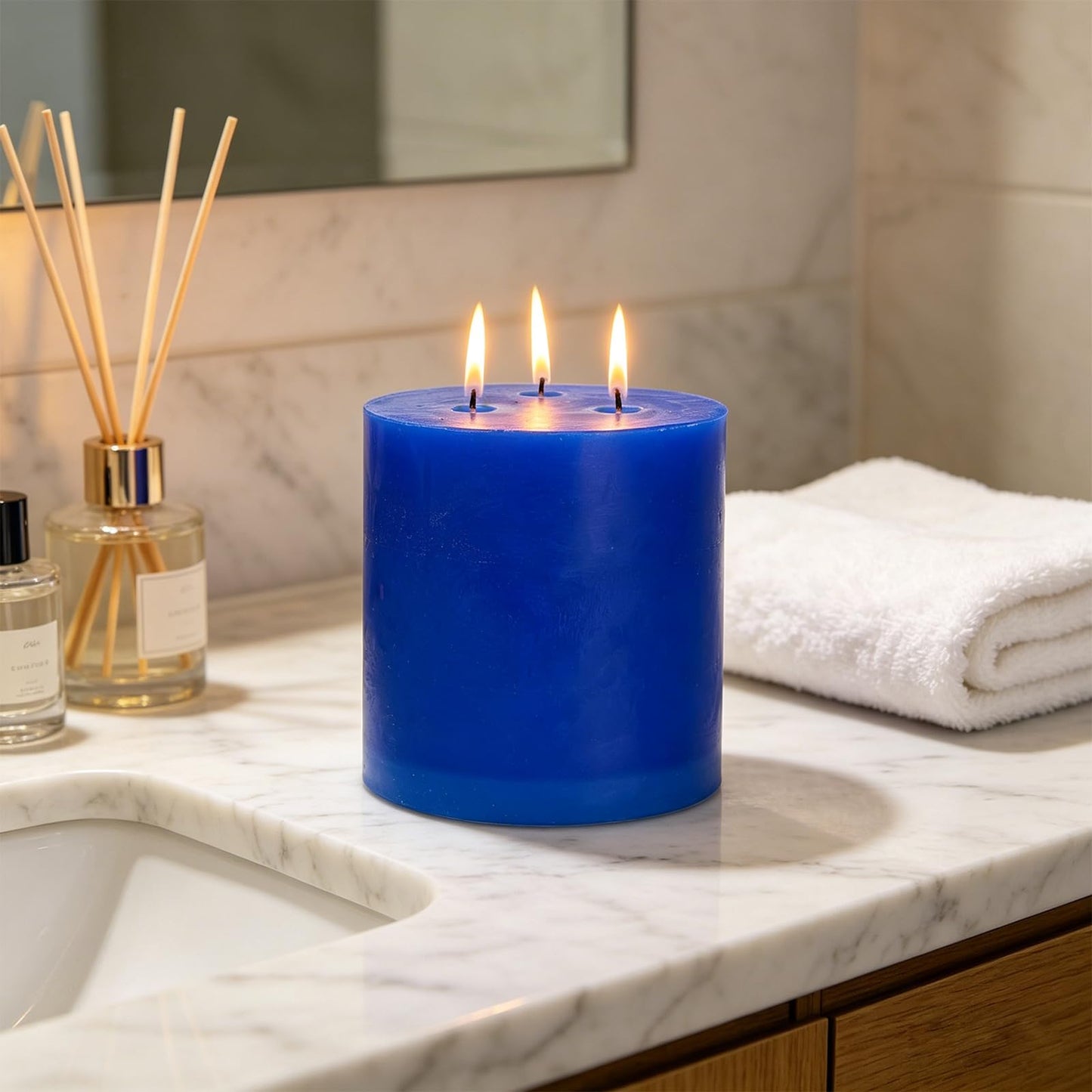 6" x 6" Blue Hand-Poured Candle, Dripless & Clean Burning (120 Hours), Unscented Rustic Pillar, Perfect for Men's Gift, Nautical Theme Weddings, Blue & Gold Party Decor