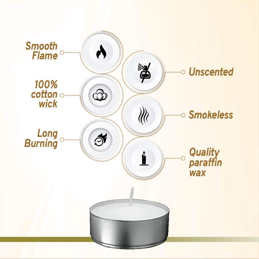 L'ner Tea Light Candles – Set of 100 Unscented Tea Lights – Burns Aprx. 4 Hours – Party & Ambience Candles – Restaurant Decorations