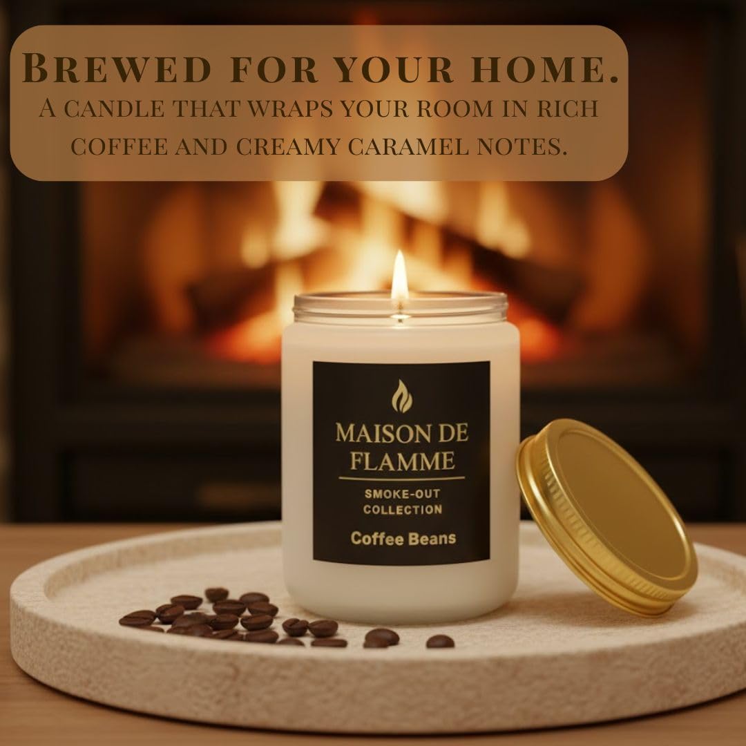 MAISON DE FLAMME Coffee Beans Odor-Eliminating Scented Candle, 200g/7oz White Jar – Long-Lasting Soy Wax Blend Candle for Smoke, Kitchen & Home Odors