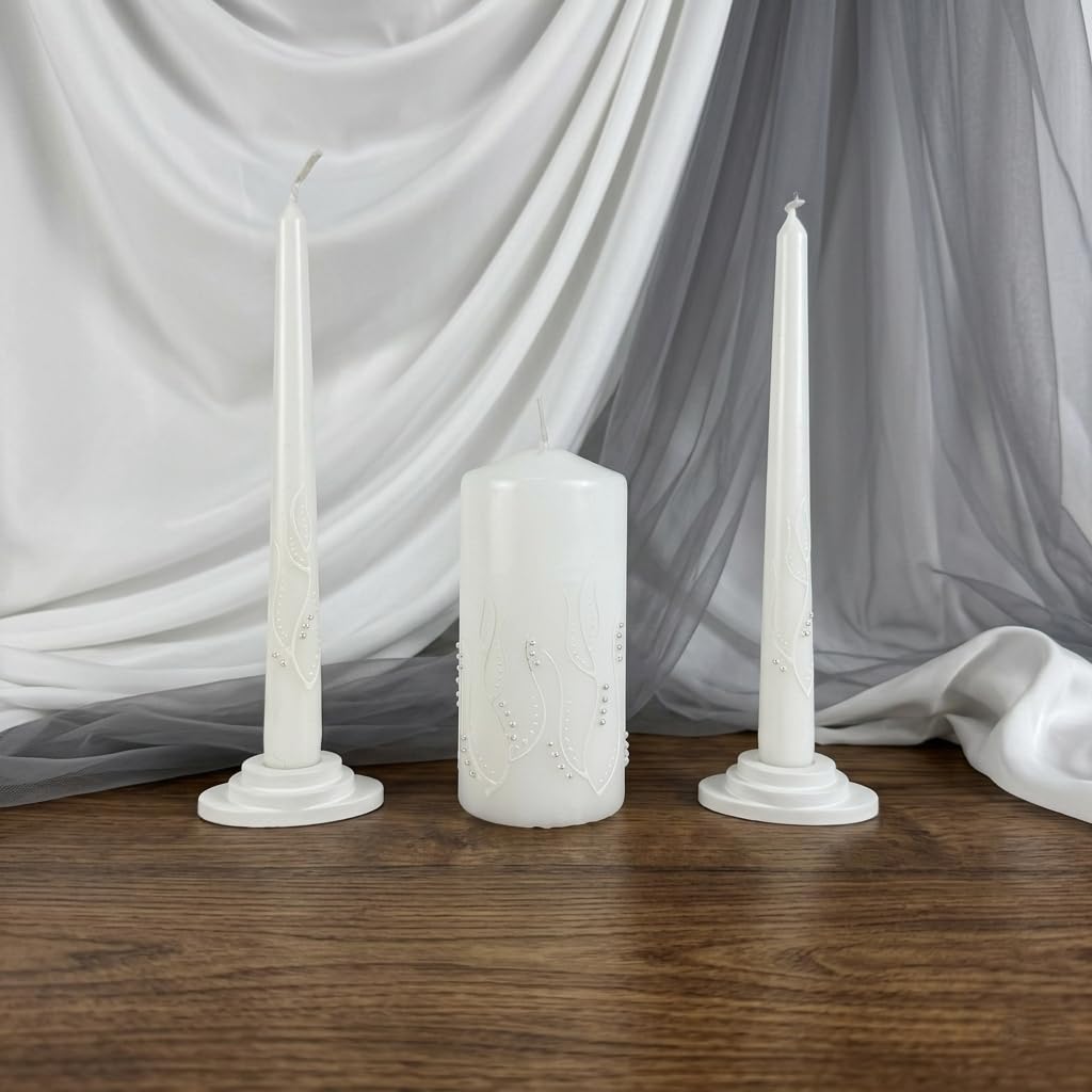 Magik Life Unity Candle Set - Wedding Ceremony & Reception – 6” Pillar & Two 10” Taper Candles – Long Burning Unity Candles for Marriage Ritual – Handmade in USA – White | Paint