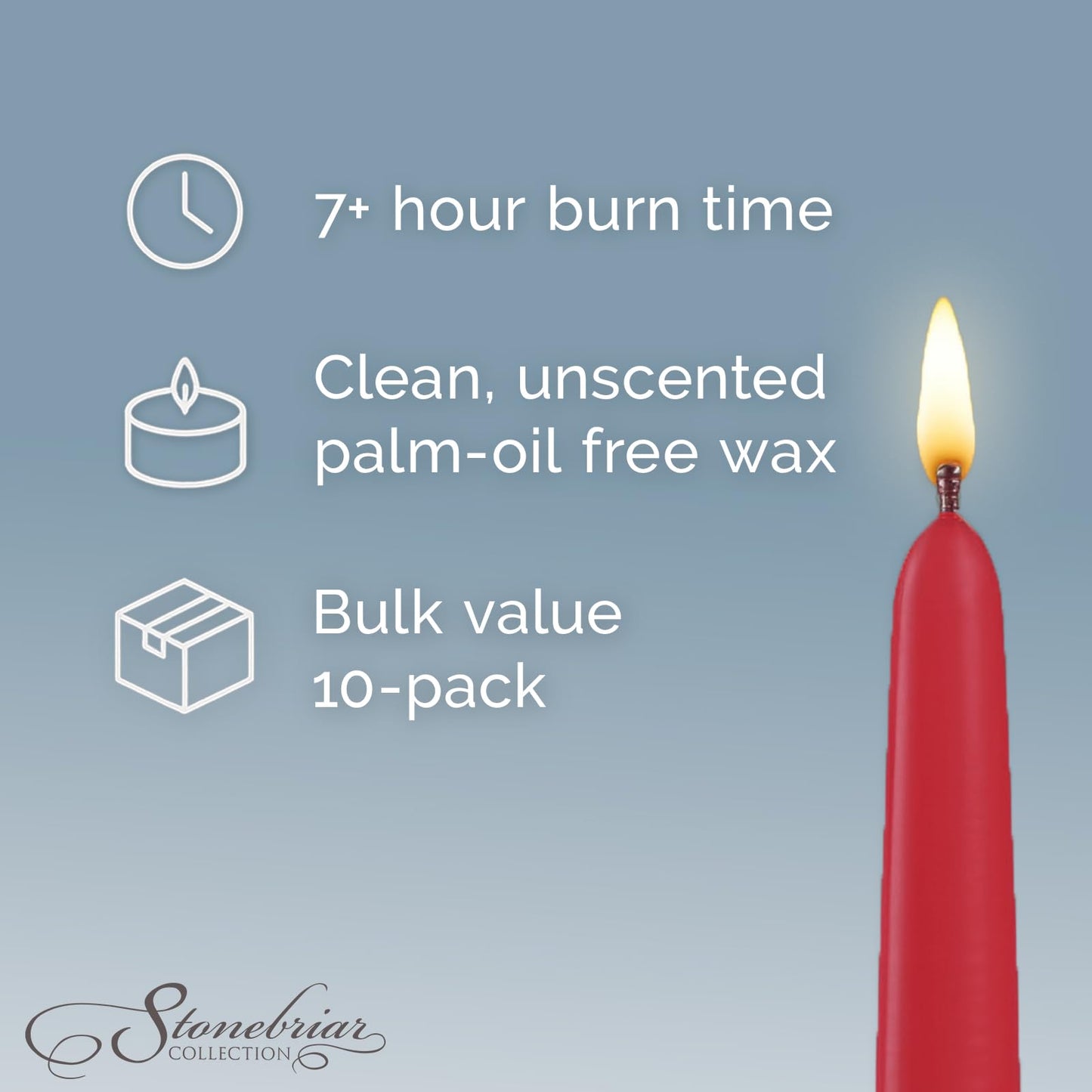Stonebriar Unscented Taper Candles – 7 Hour Burn Time, Long-Lasting Wax Candles for Weddings, Holidays, Home Décor & Special Events, Pack of 10, Red, 10"