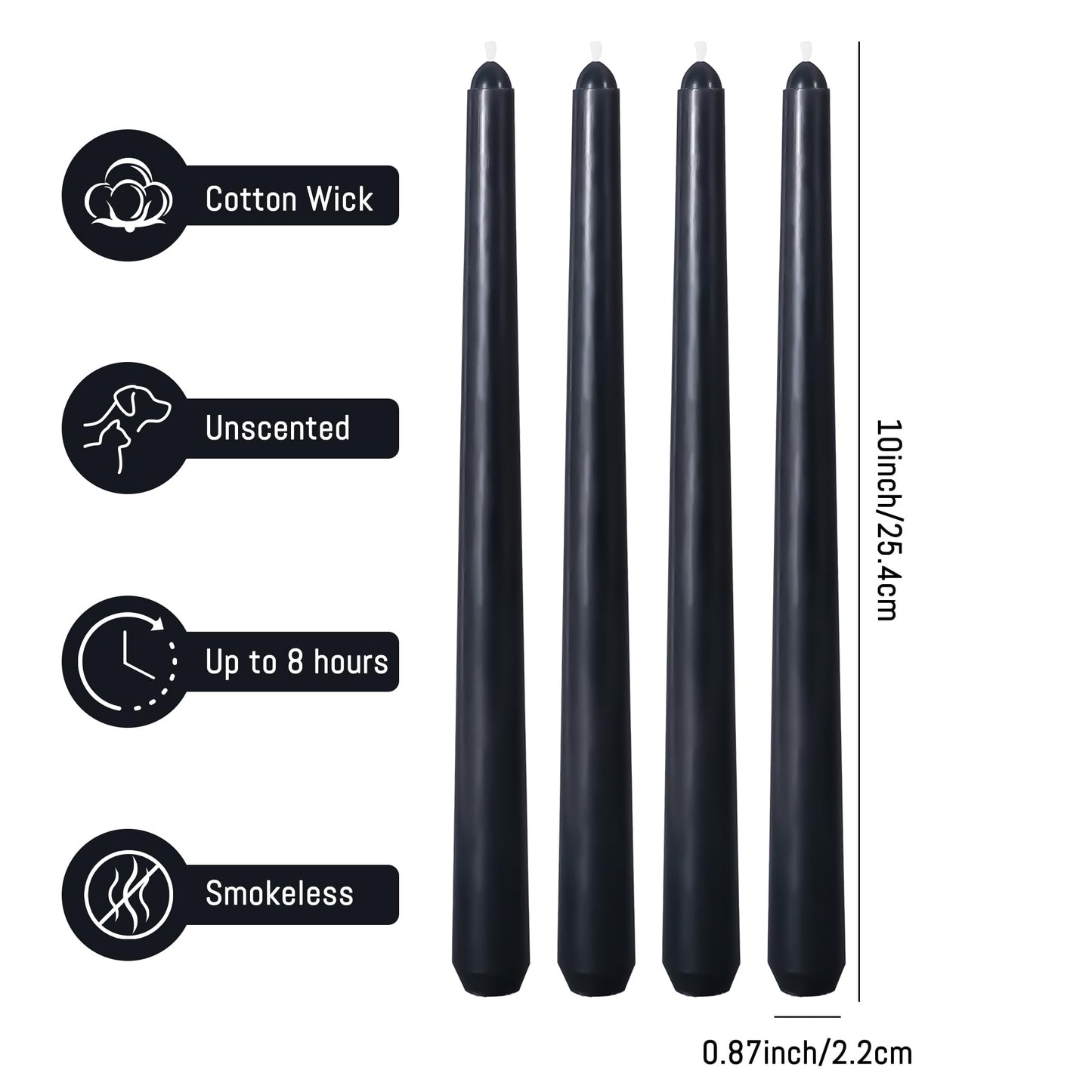 Viyffo Taper Candles, 10 Inch, 12 Pack, Velvet Matt Black – Unscented, Dripless & Smokeless Design, Up to 8 Hour Burn – Long Tall Taper Candlesticks for Wedding, Dinner & Home Decor