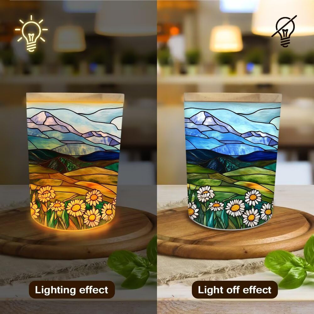 Stained Glass Bears Tea Light Candle Holders, Floral Tealight Candle Holder Jar with Wooden Lid, Farm Daisy Votive Candlesticks for Table Centerpieces, Christmas,Birthday Party,Home Decor