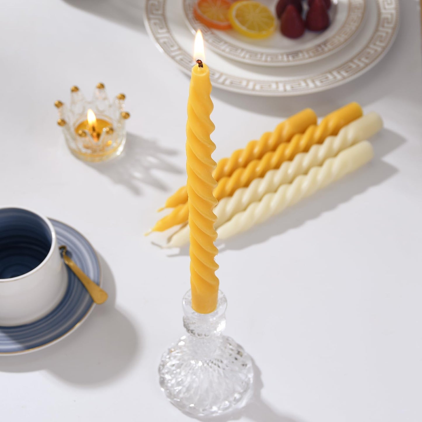 AGLARY 2PCS 10-Inch Pure Beeswax Spiral Taper Candles, Twisted Stick Candles, Dripless & Unscented for Weddings, Christmas, Dinner, Meditation - Natural Yellow