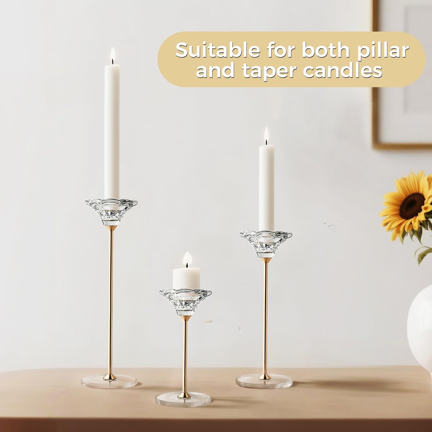 Maleoruigy Candlestick Holders, Crystal 2 in 1 Taper and Pillar Candle Holders, Set of 3 Clear Glass Candle Holder, Decorative Candle Holder Candelabra for Home Decor, Wedding, Party, Anniversary