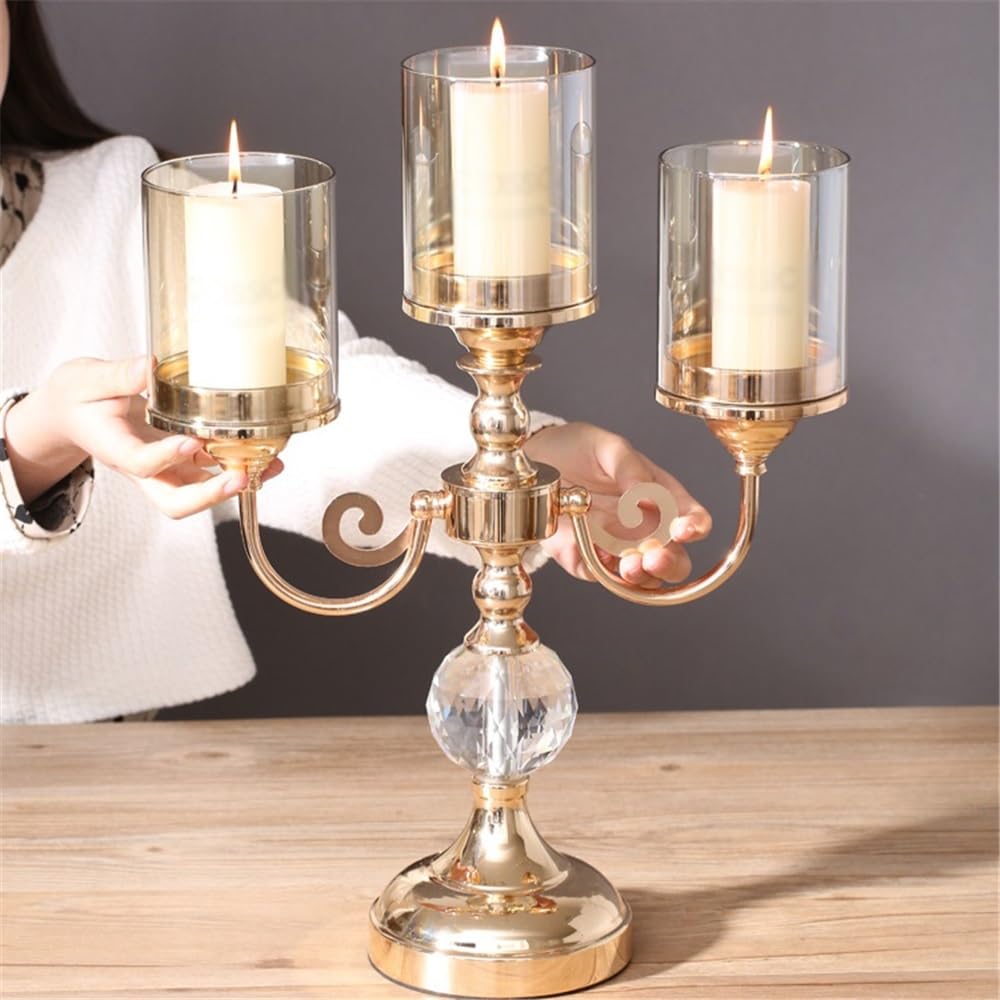YUHUAWF Candle Holderss Simple Metal Glass Three-Head Candle Holder Living Room Dining Table Wedding Decoration Ornaments Decorative Candlestick(Large)