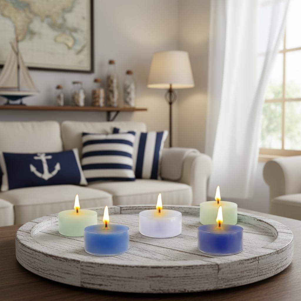 Sea Salt Scented Tea Light Candles 12 Pack Gradient Blue Hand Poured Smokeless 4 Hours Clean Burning Small Round Clear Cup Tealight Candles for Nautical Dinner Wedding Spa Yoga Meditation Cozy Evening