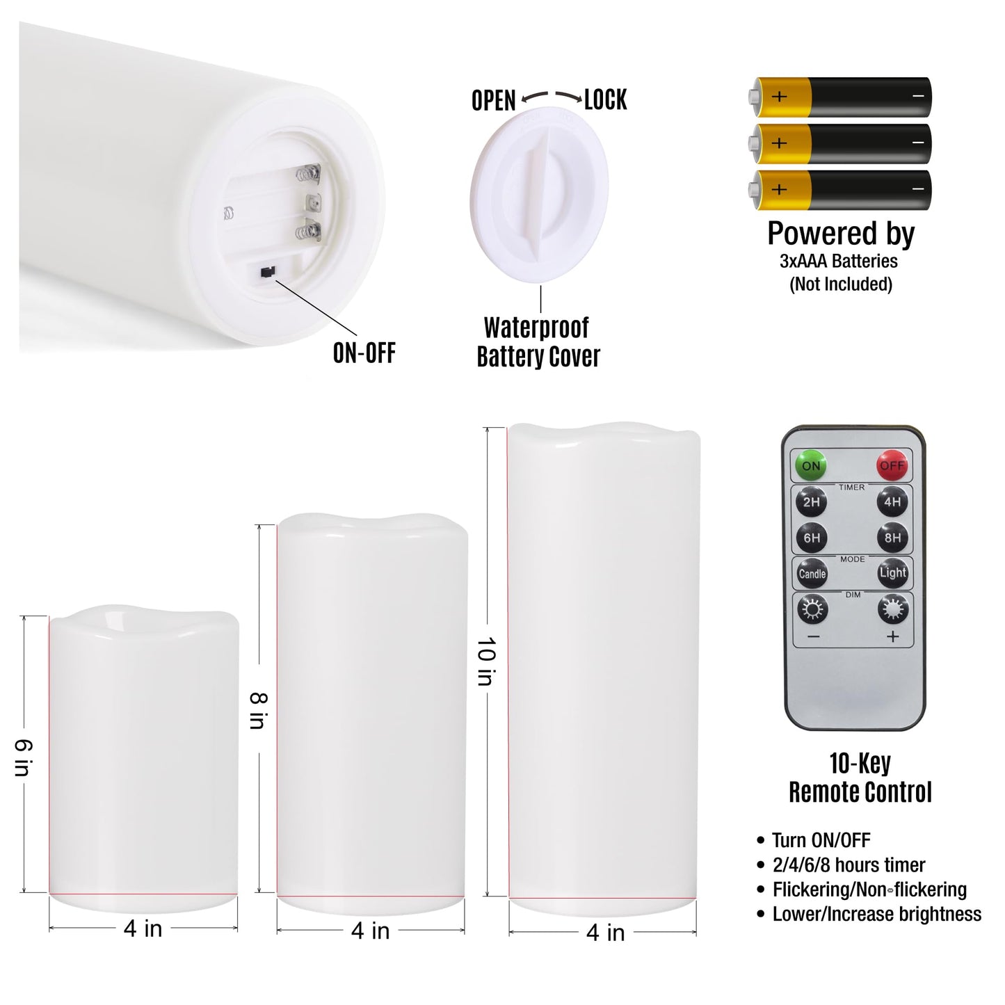 Yongmao 6" 8" 10" x 4" White Large Waterproof Outdoor Flameless Candles Battery Operated LED Flickering Pillar Candles with Remote and Timer for Indoor Outdoor Lanterns, Long Lasting, Set of 3
