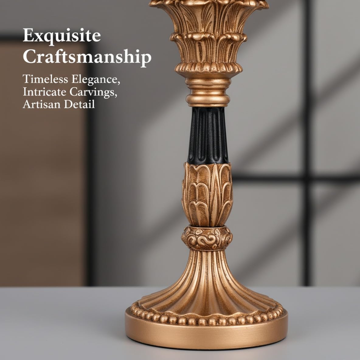 Resin Pillar Candle Holders Set of 3 – an Antique Gold Frame with Engraved Decorations (9", 7.5", 6") with 3.1" Tray & Velvet Anti-Slip Base for Table Centerpiece and Fireplace Mantel Decor