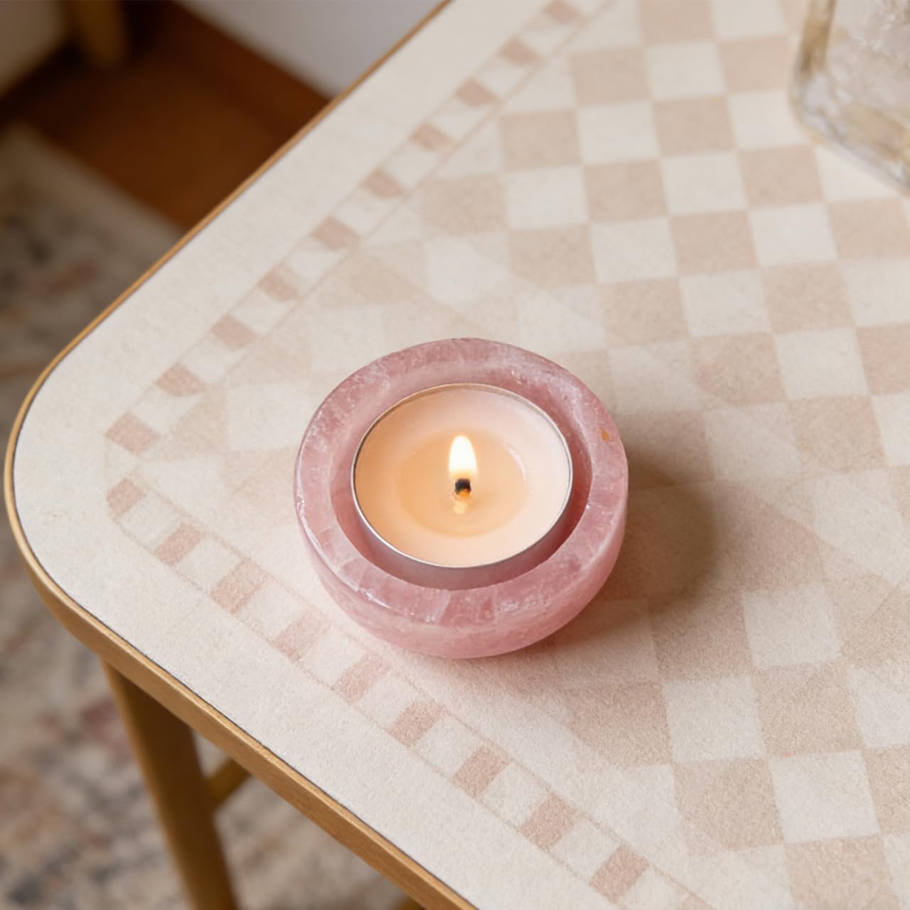 ABOOFAN Rose Quartz Crystal Candle Holder Tealight Candlestick Decorative Desktop Candleholder for Home Wedding Party 2.36In Diameter