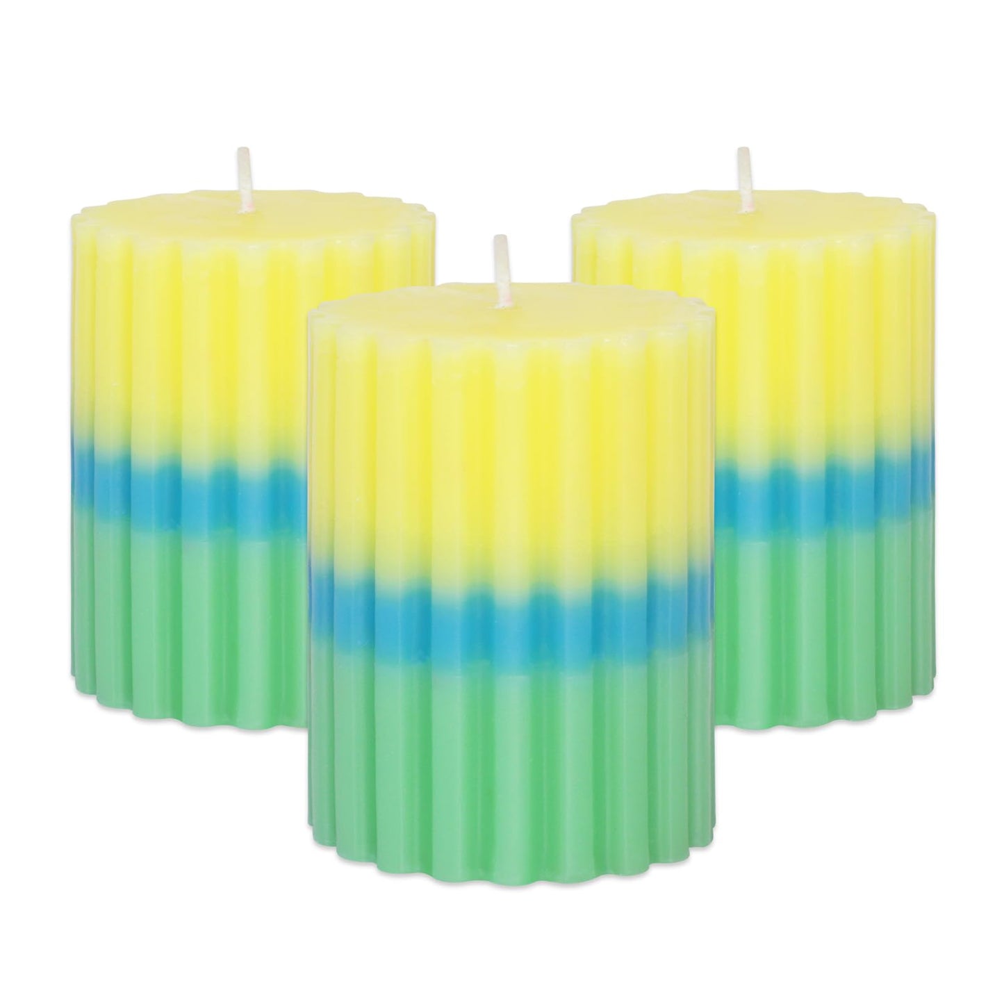 FLAVCHARM Ribbed Pillar Candles 3x4 Inch Lemon Scented Candles Long Lasting Burn Dripless Striped Pillar Candle 3 Pack Aesthetics Aromatherapy Candle for Home Party Summer Decoration Housewarming Gift