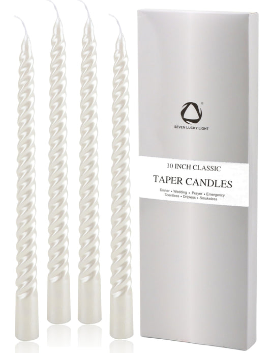 SEVEN LUCKY LIGHT 10 Inch Spiral White Taper Candles Set of 4, Metallic Finish Dripless Candlesticks, 8+ hrs Smokeless Clean Burning for Christmas, Home, Dinner, Wedding & Church Decor