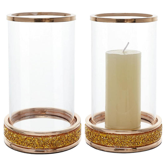 BEUNITONE 2PCS Gold Candle Holder, Hurricane Glass Candle Holders, 4.2 x 6.3 Elegant Pillar Candle Holders, Metal Candlesticks Holder with Candle Jars for Coffee Dining Table, Wedding Centerpieces