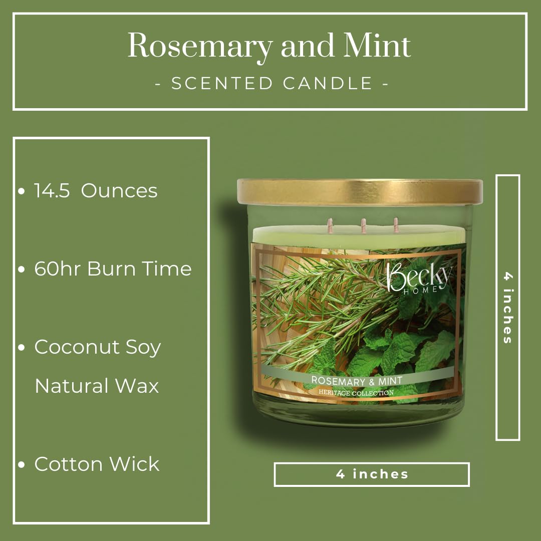 Becky Home 3 Wick Candle, 14.5oz Rosemary Mint Candle, 3 Wick Candles, Big Candle, Three Wick Candles, Candles 3 Wick