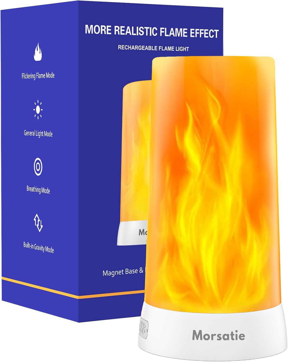 Morsatie【Upgraded LED Flame Light, Rechargeable Flickering Flameless Candles, 4 Modes Battery Operated Candles with Upside Down Effect, Waterproof LED Candles for Indoor Outdoor 1 PCS