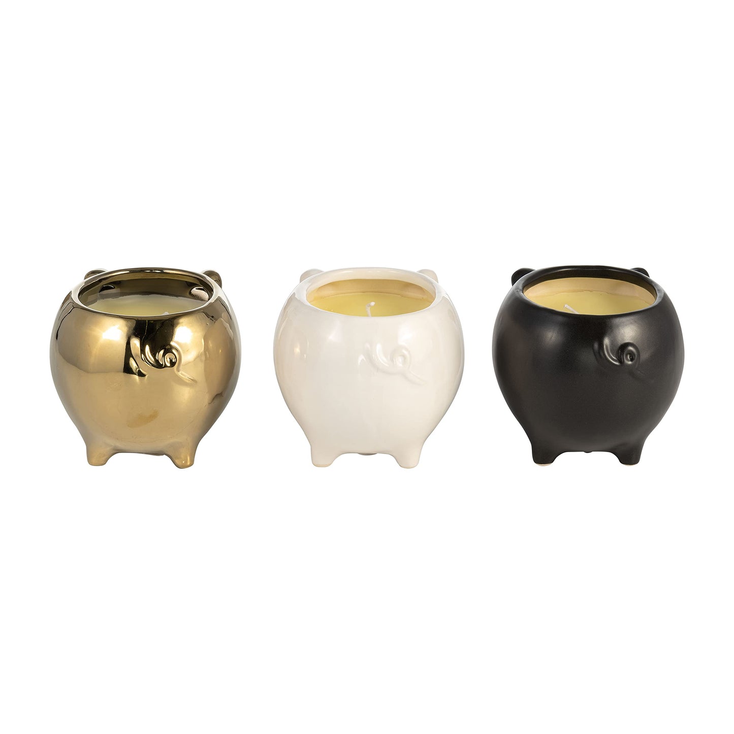 Ceramic Candle Set – Scented Candle for Relaxation and Soft Ambience, Living Room or Bedroom Decor Placement, Pig Animal Shaped Home Decor Design Accent – 4x6, Black, Gold & White Trio