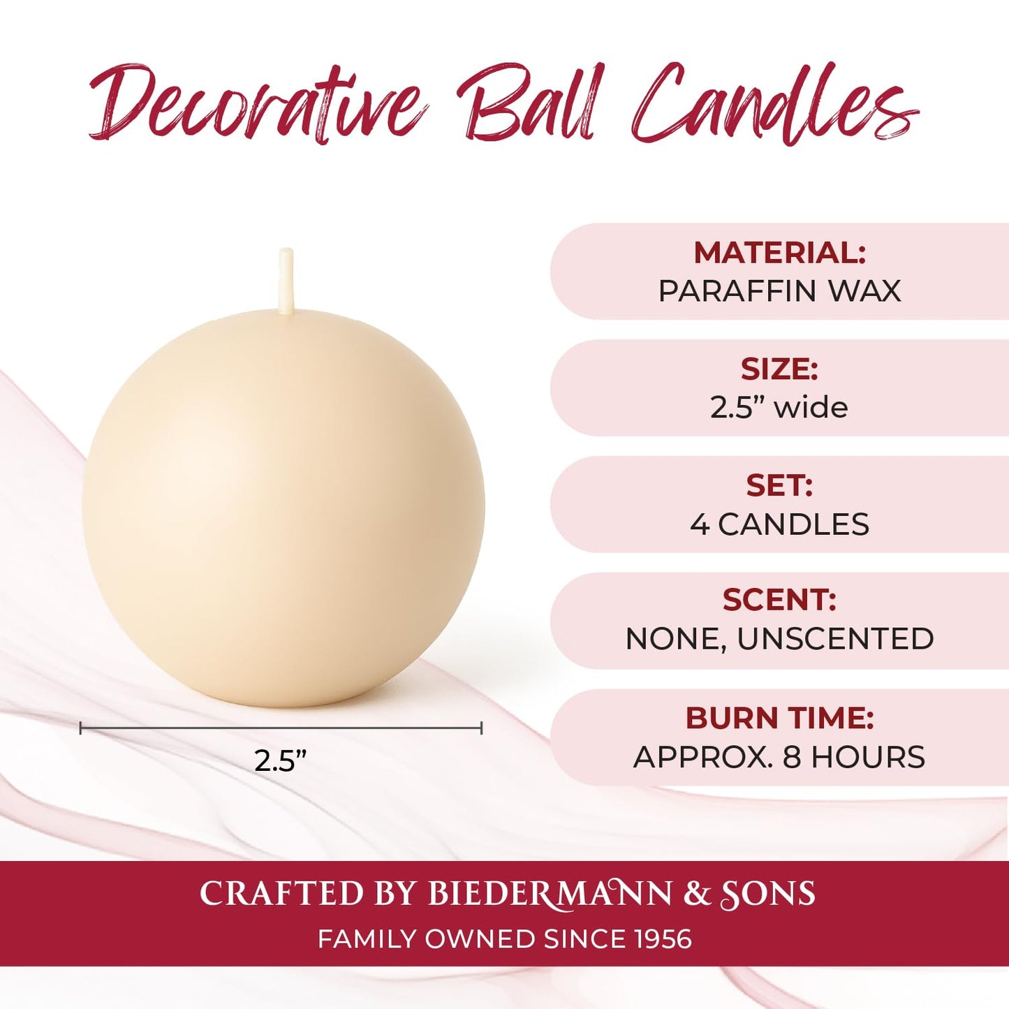 Biedermann & Sons Champagne Round Candles (Set of 4), Unscented Dripless Balls, 2.5" Spheres, 8 Hour Burn, for Centerpieces and Home Decor