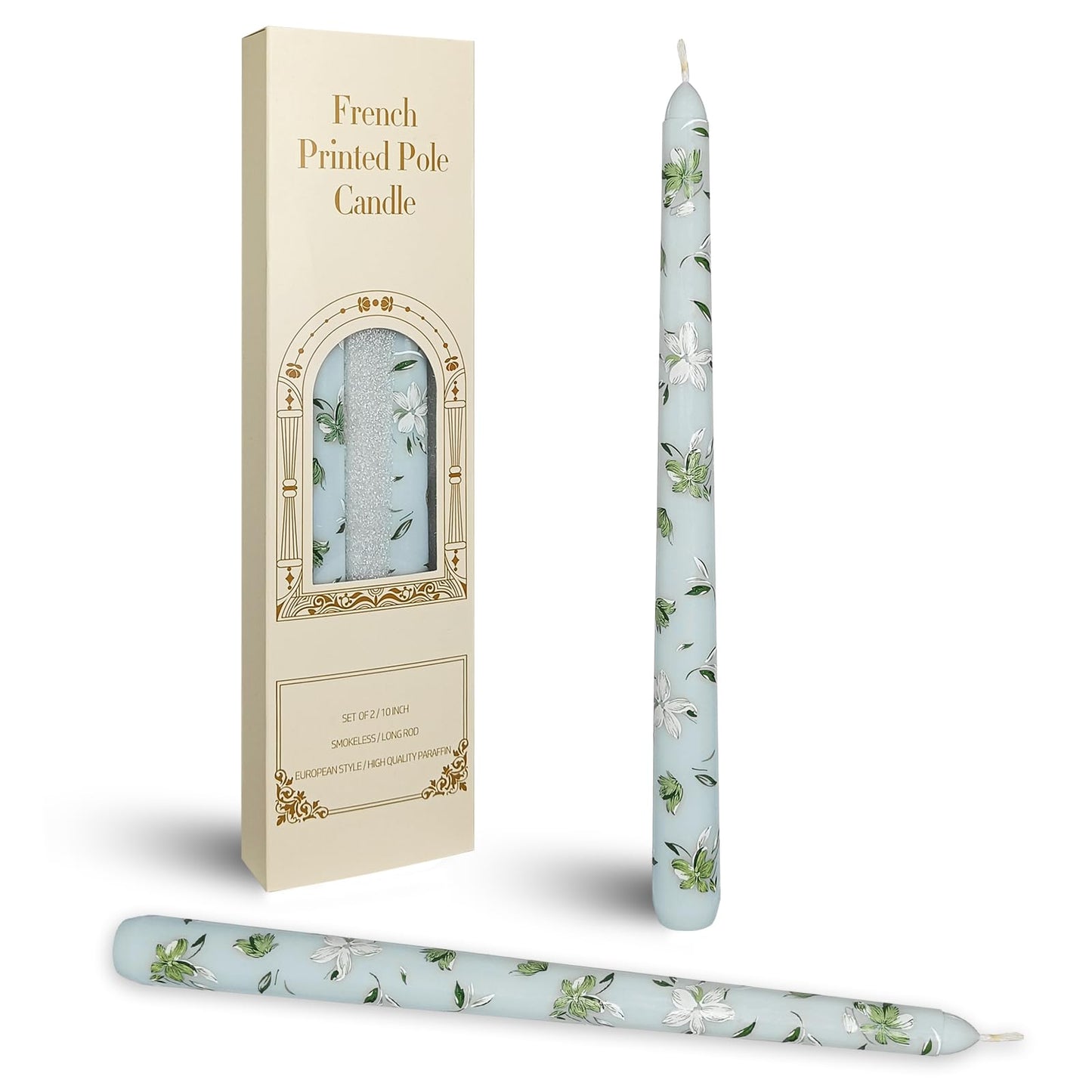 Printed Taper Candle - Baleagcdl Baby Blue with White Floral Candlesticks Handmade Long Tapered Candles 10 Inch Drip for Home Holiday Decor Gifts - Set of 2