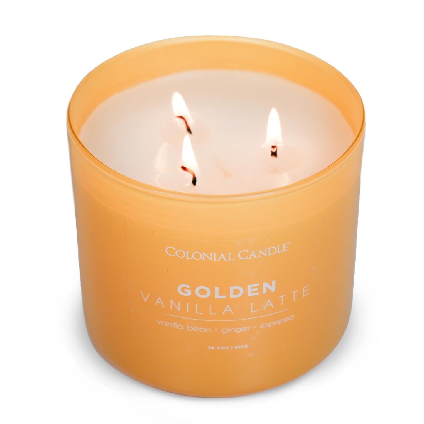 Colonial Candle Golden Vanilla Latte Scented Jar Candle, Pop of Color Collection, 3 Wick, 14.5 oz - Up to 60 Hours Burn