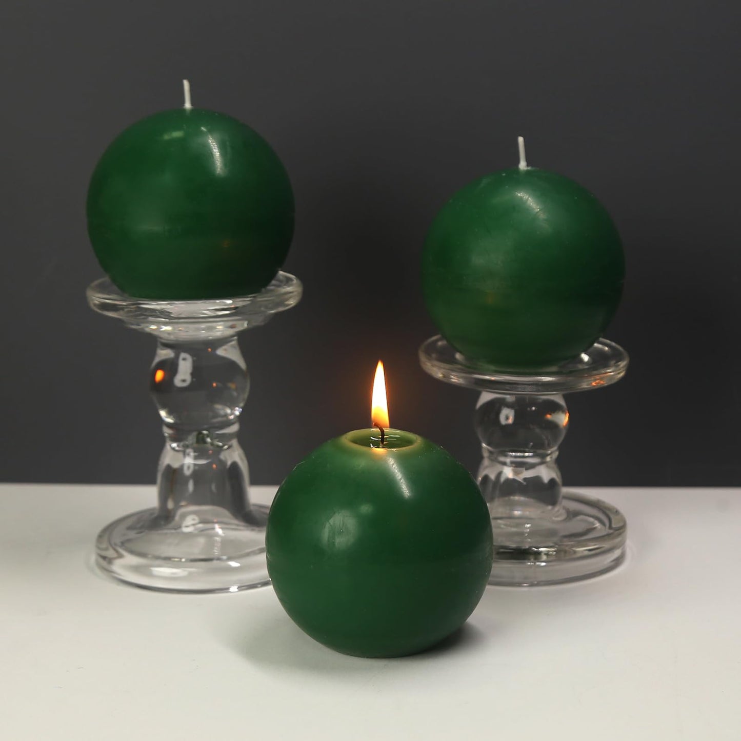 Ball Pillar Candles Set of 3 Green 3 Inch Unscented Handpoured Weddings, Home Decoration, 75 Hour