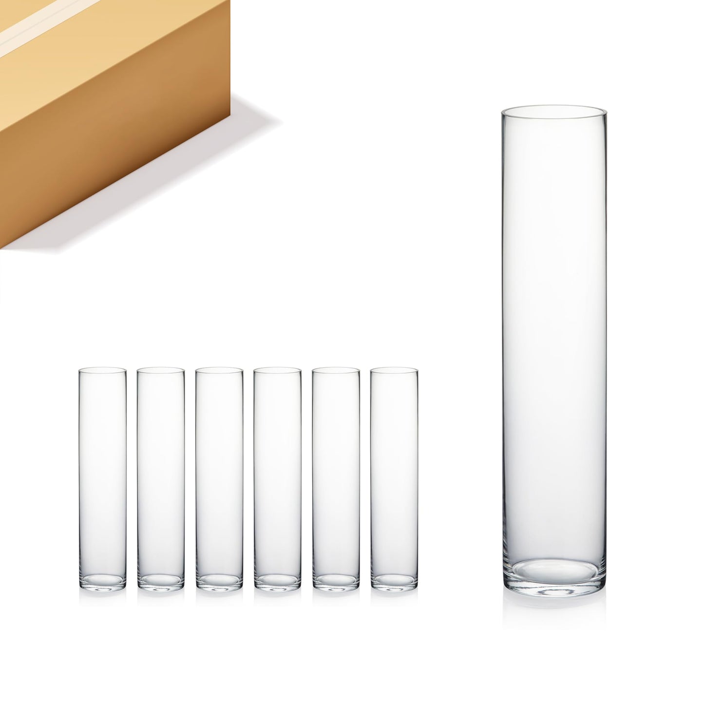 WGVI Quality Thick Weighted Tall Clear Cylinder Glass Vases, 4" W x 18" H, Flower Arrangement Floating Candle Holders Wedding Centerpieces Event Floral Container Display Decor, Bulk Wholesale, 6 Pcs