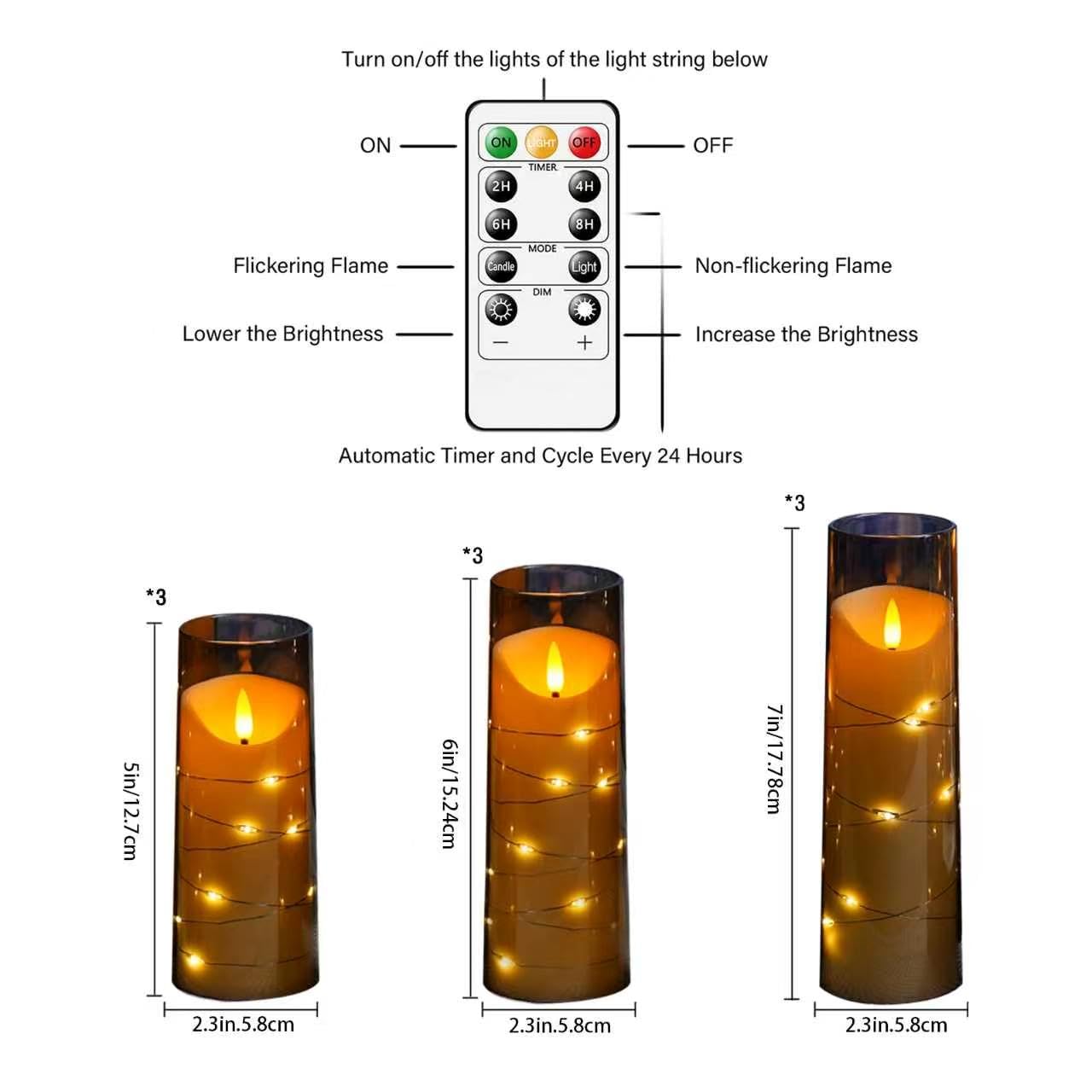 Eebuss Flameless Candles with Embedded Star String, Battery Operated LED Pillar Candles with Timer and Remote Control,Home Decorating for Ambiance， Set of 9(Grey)