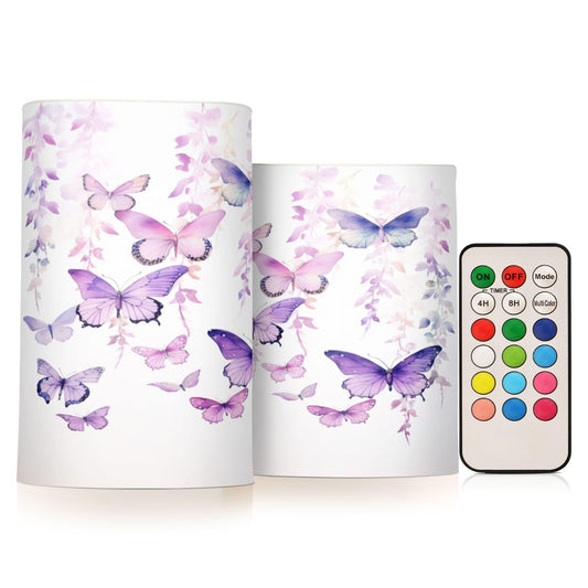 BOENLE Flickering Flameless Candles, Butterflies Purple LED Candles with Remote Timer, Set of 2 Battery Operated Candle for Valentine Wedding Birthday