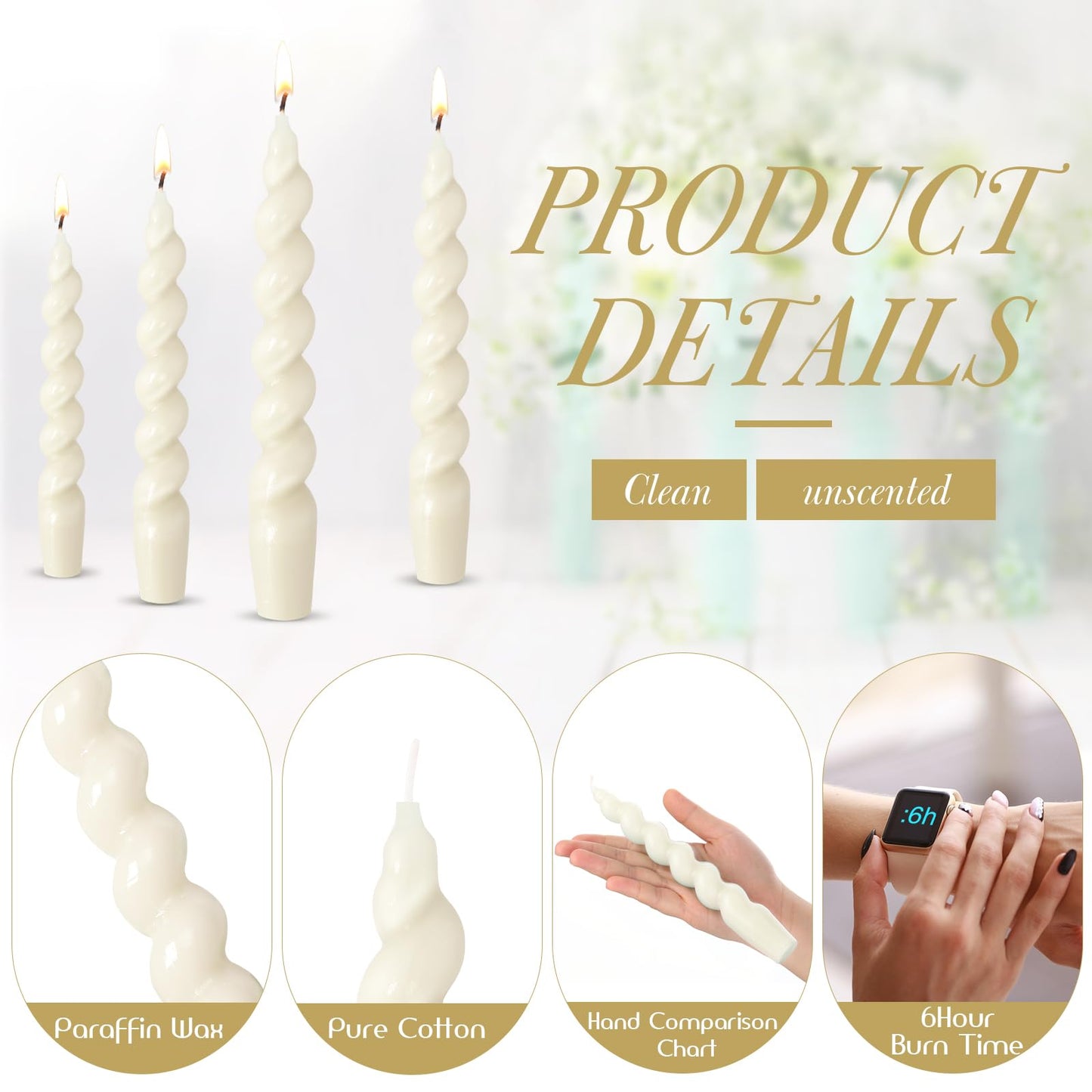 Zhengmy 4 Pcs White Spiral Taper Candle 7 Inch Twisted Long Wax Dinner Candlestick for Fall Halloween Christmas Holiday Valentines Wedding Birthday Baby Shower Table Decor (Solid)