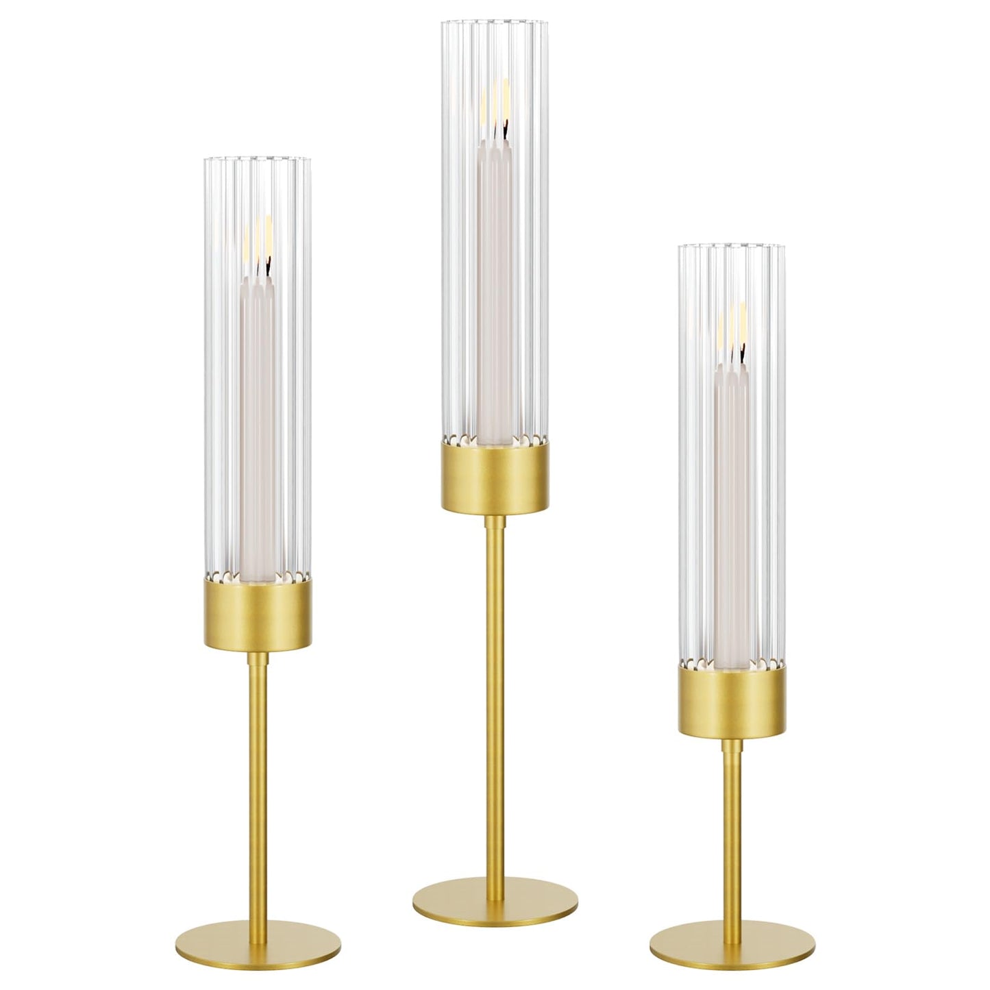 Viuieyid Hurricane Glass Candle Holders Set of 3, Premium Tall Gold Candle Stick Holder, Elegant Fluted Candle Holders for Wedding Decor Party Holiday Table Centerpiece Home Festival Decoration
