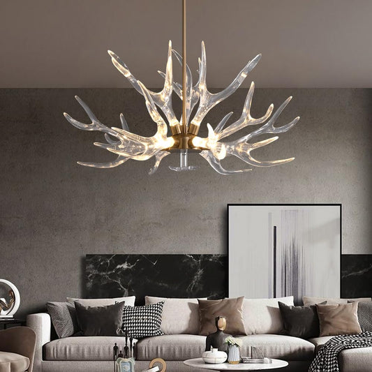 LOVEDIMA Resin Antler Chandelier, 9-Light Deer Horn Pendant Light Fixture for Living Room Bedroom Dining Room Kitchen (Gold)