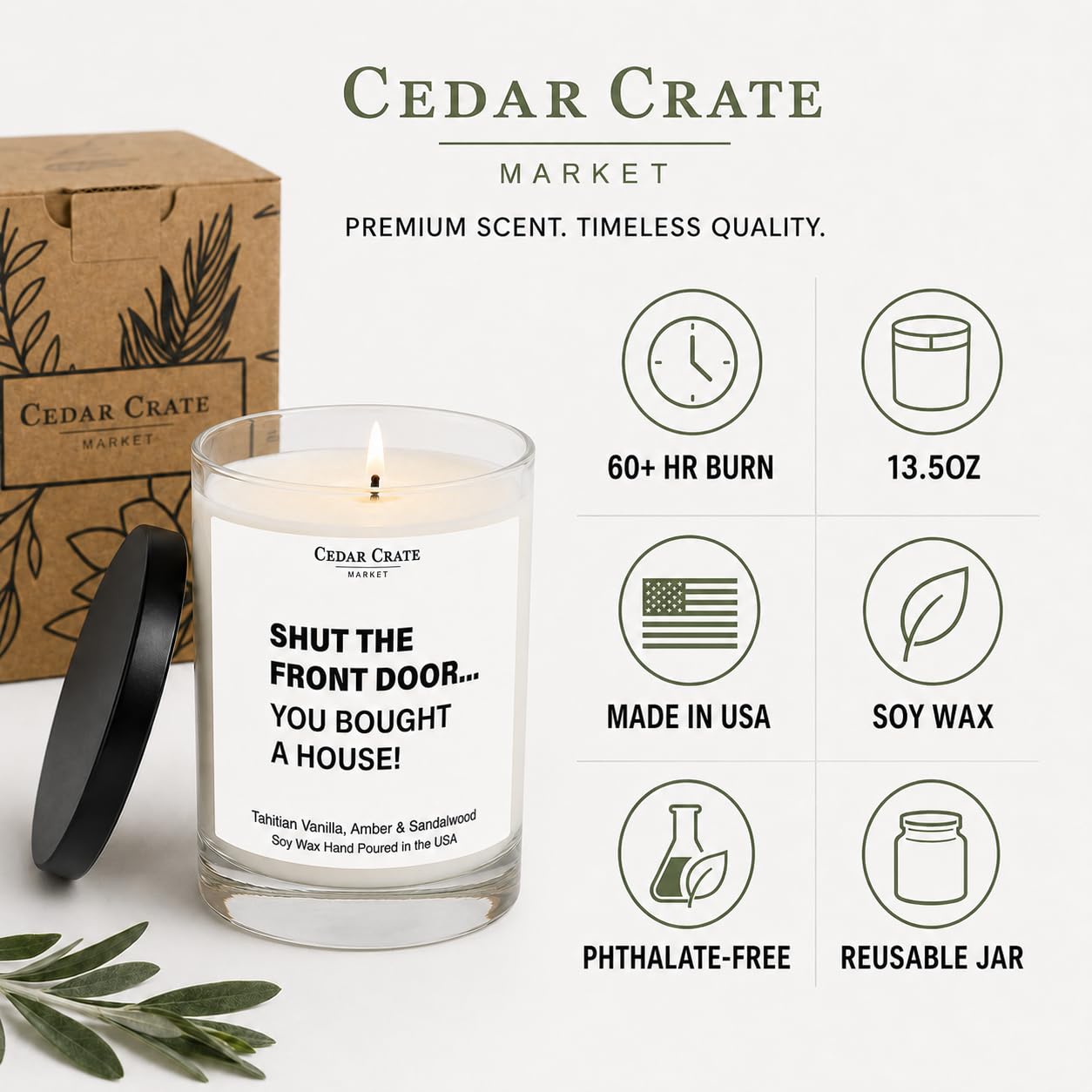 Cedar Crate Market House Warming Gift New Home 2026-13.5oz Soy Candle, Amber Vanilla Sandalwood Scent - Housewarming Gifts for Women, Men, Couple, Friends, Neighbors - USA Made, 60+ Hour Burn