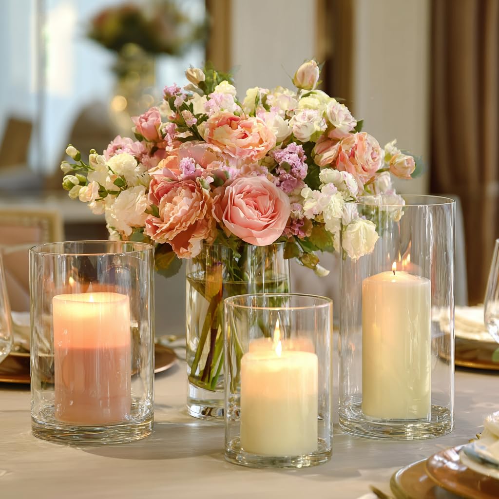 Glass Vase Cylindrical Vase for Tabletop Decoration, Candle Glass Vase, Pebble Vase for Party, Wedding, Banquet Decoration (27, 10+10+12.5cm)