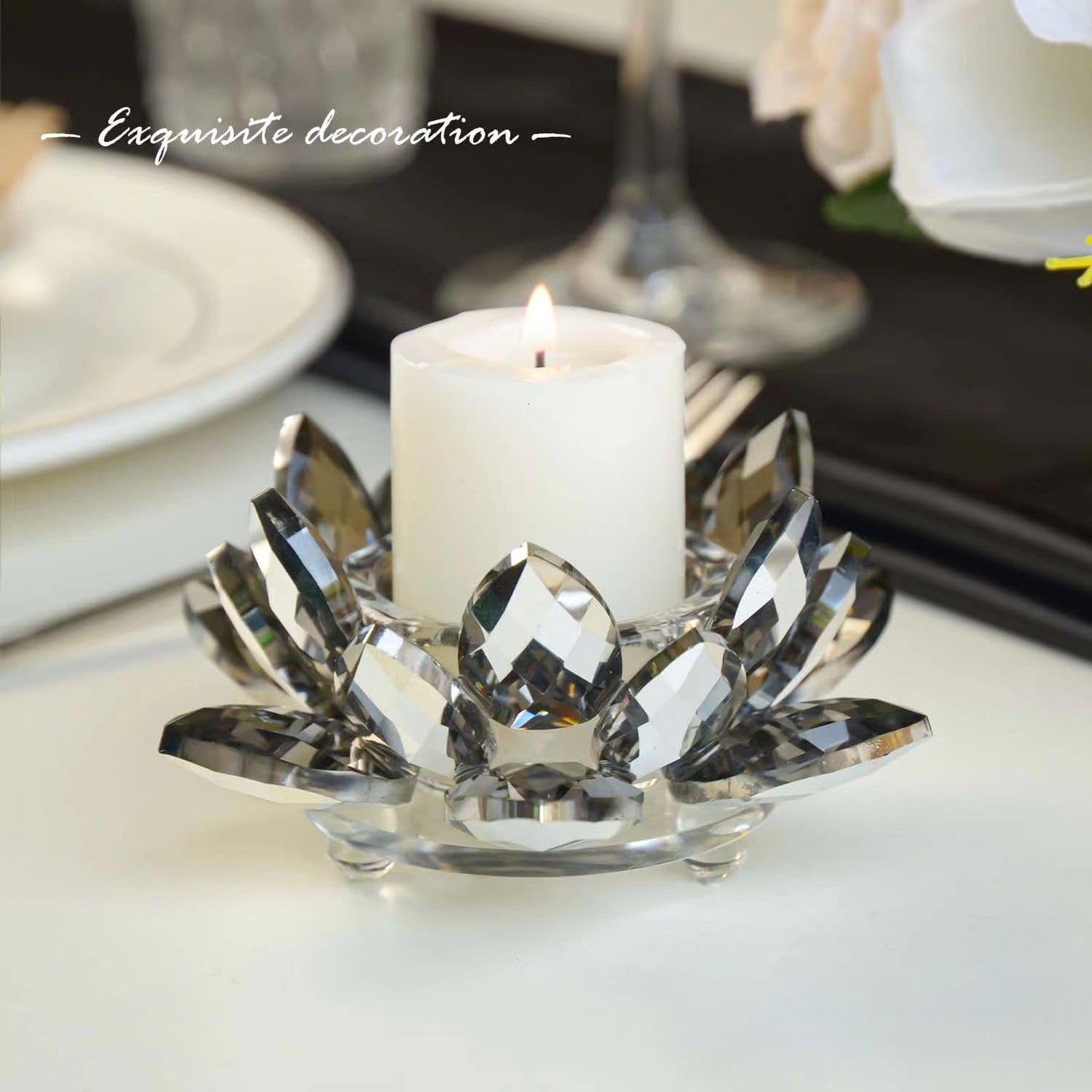 Lotus Black Crystal Candlestick 2-Piece Tealight Candle Set, Black Glass Votive Candle Holder for Tabletop Dining Table Center Decoration Ideal Candle Holder for Wedding Valentine's Day Decoration