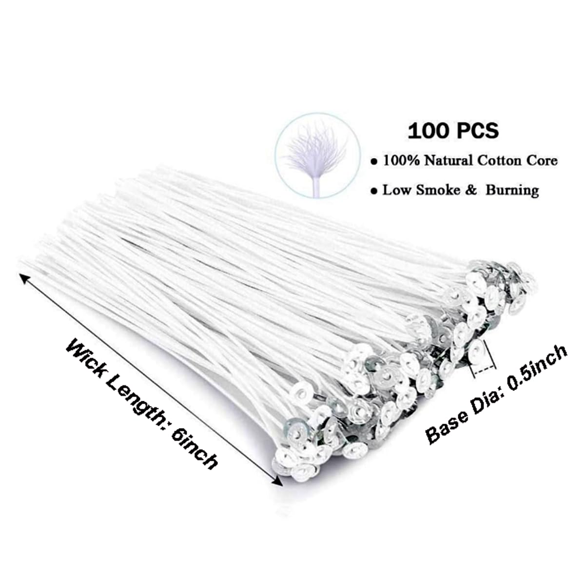 QPZ 100Pcs Cotton Candle Wicks 6" Pre-Waxed with Tabs,50Pcs Wooden Candle Wicks Smokeless,Wood Candle Making Wicks 0.59*5.9 Inch with 50Pcs Wick Clips Holders Metal Based for Candle DIY,Candle Making