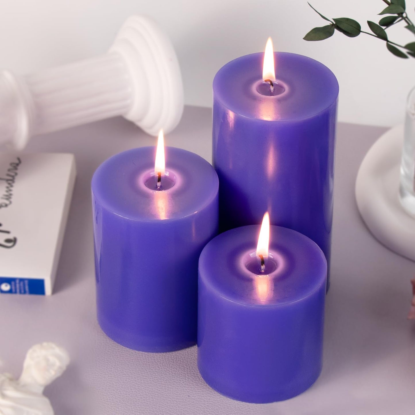 KONNI Violet Pillar Candles Set of 3, 3"x 4" Unscented Pillar Candles Bulk, 39 Hours Long Burning Candles, Smokeless and Dripless Large Round Candle for Wedding, Home Decoration, Parties, Spas, Dinner