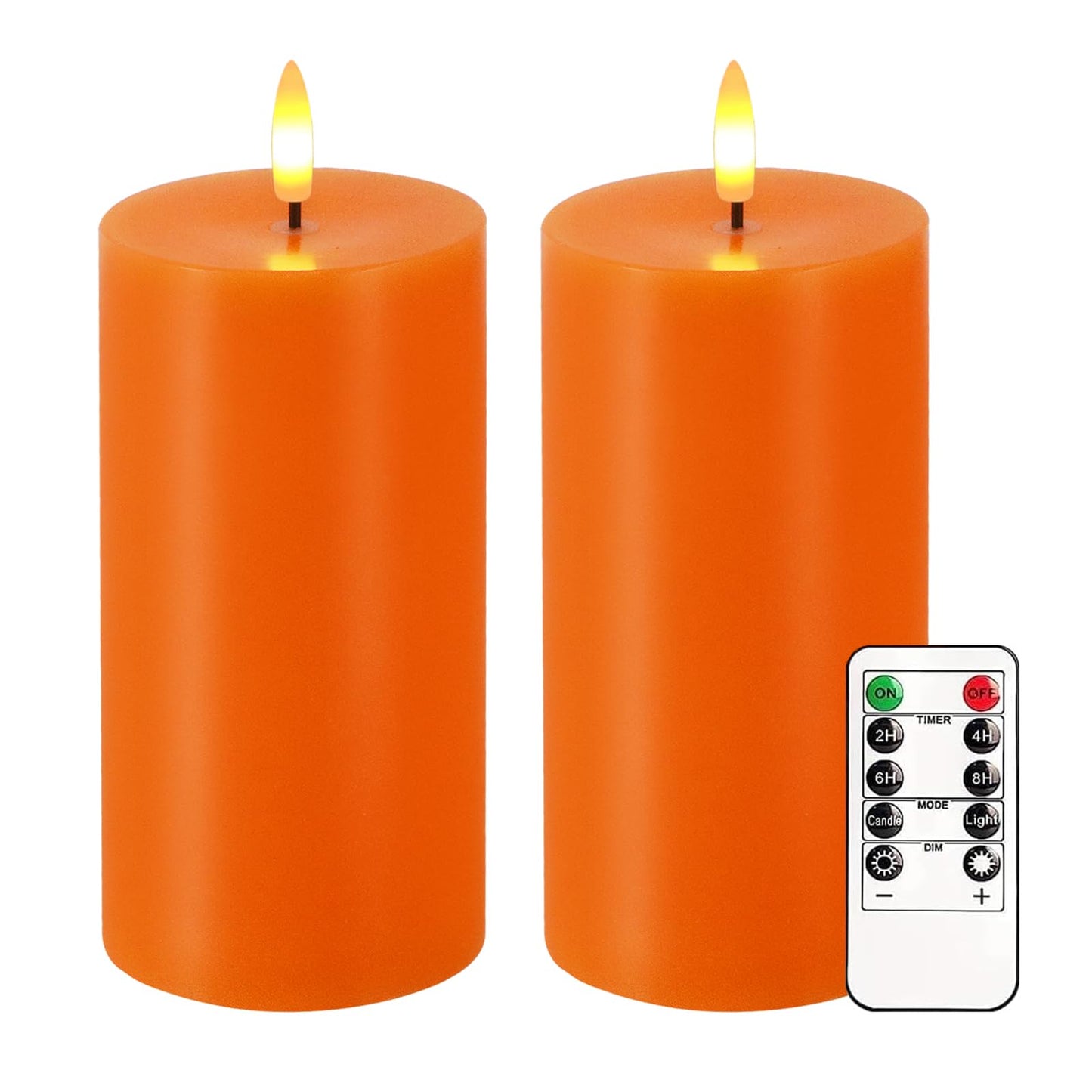 Orange Flameless Candles, Set of 2 7"x3" Flickering LED Candles with Remote & Timer, Dimmable Electric Pillar Candles Battery Operated, Candles Light for Fall Thanksgiving Halloween Decor (Orange)