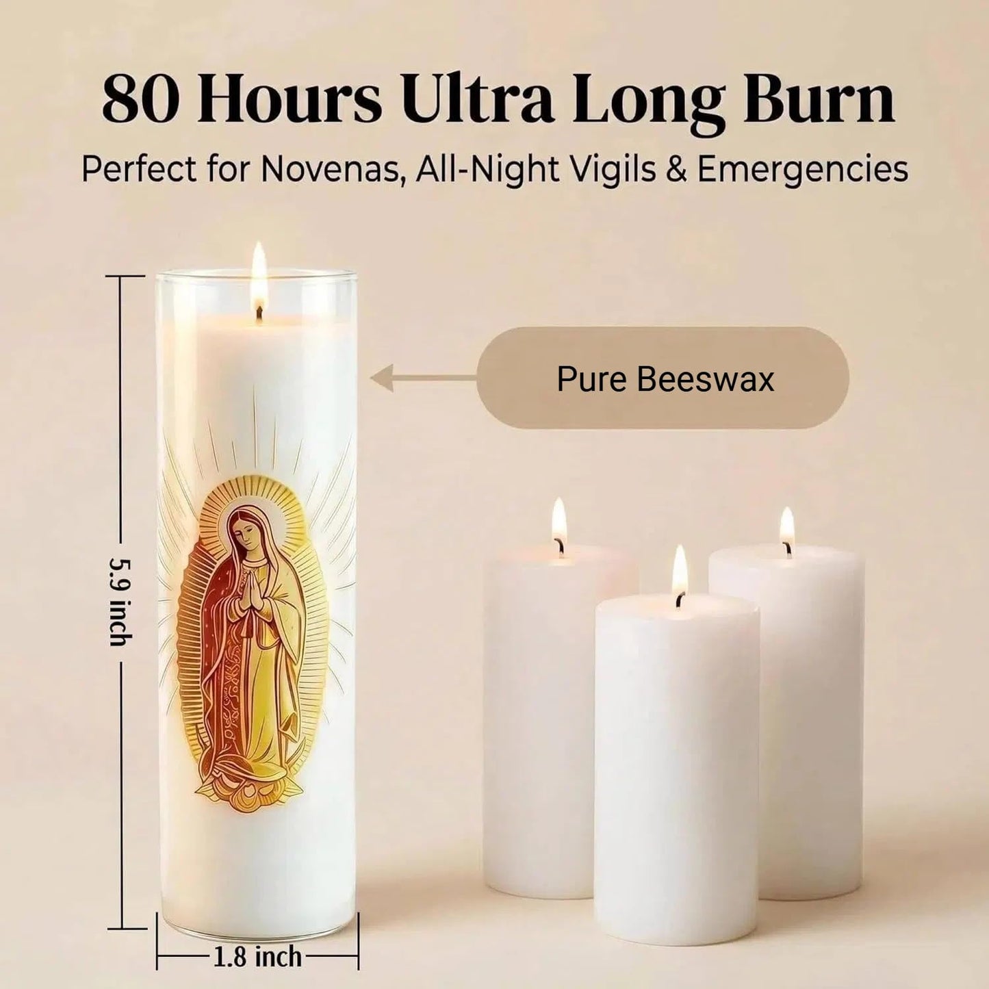 Virgen de Guadalupe Glass Beeswax Pillar Candle, 80-Hour Long Burning Smokeless Dripless Emergency Candle for Church, Prayer & Meditation, Christian Gifts for Women (Yellow, White)