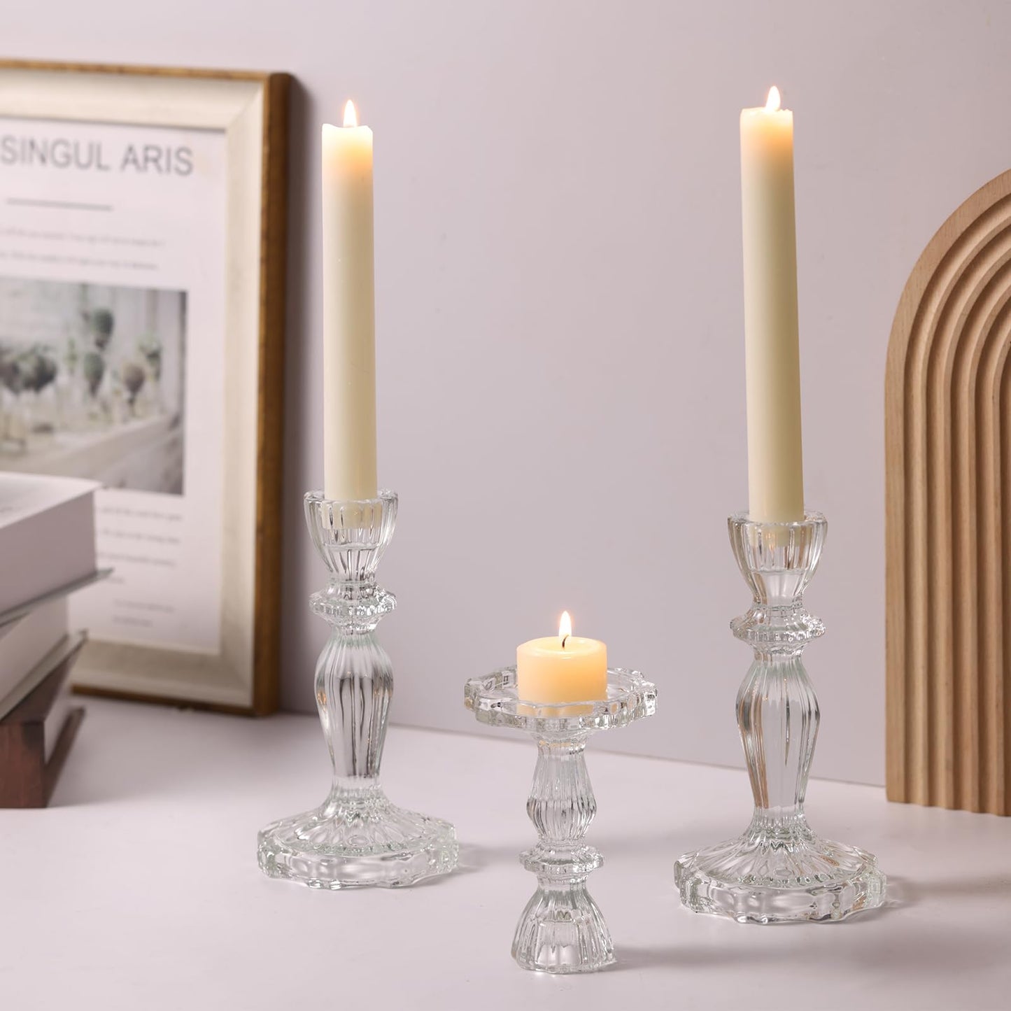 Simeitol Clear Candlestick Holders Set of 6, Taper Candle Holders, 4.3" H & 6.3" H Glass Candle Holder for Candlesticks & Pillar Candles, Crystal Candle Holders for Wedding and Home Decor