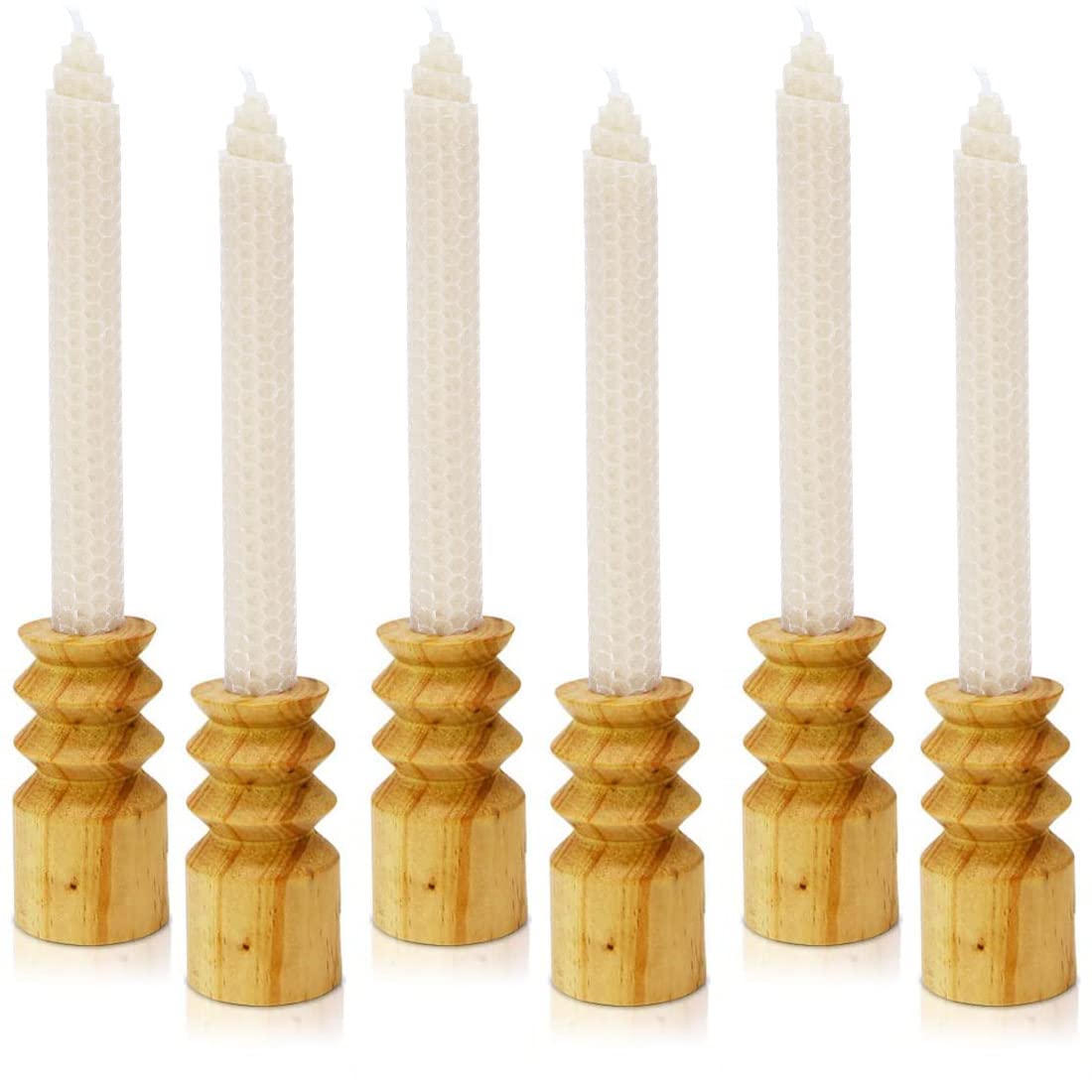 DEYBBY 8'' White Beeswax Taper Candles, 6 Pack Natural Honey Comb Hand Rolled Dripless Bee Wax Candles for Wedding,Holidays,Dating