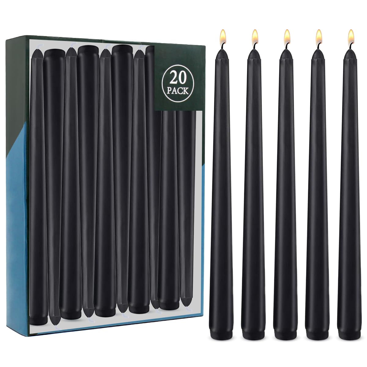 20 Pack 10 inch Black Taper Candles, Unscented Candlesticks for Halloween, Easter Candlelight Service, Vigil, Memorial and Devotional