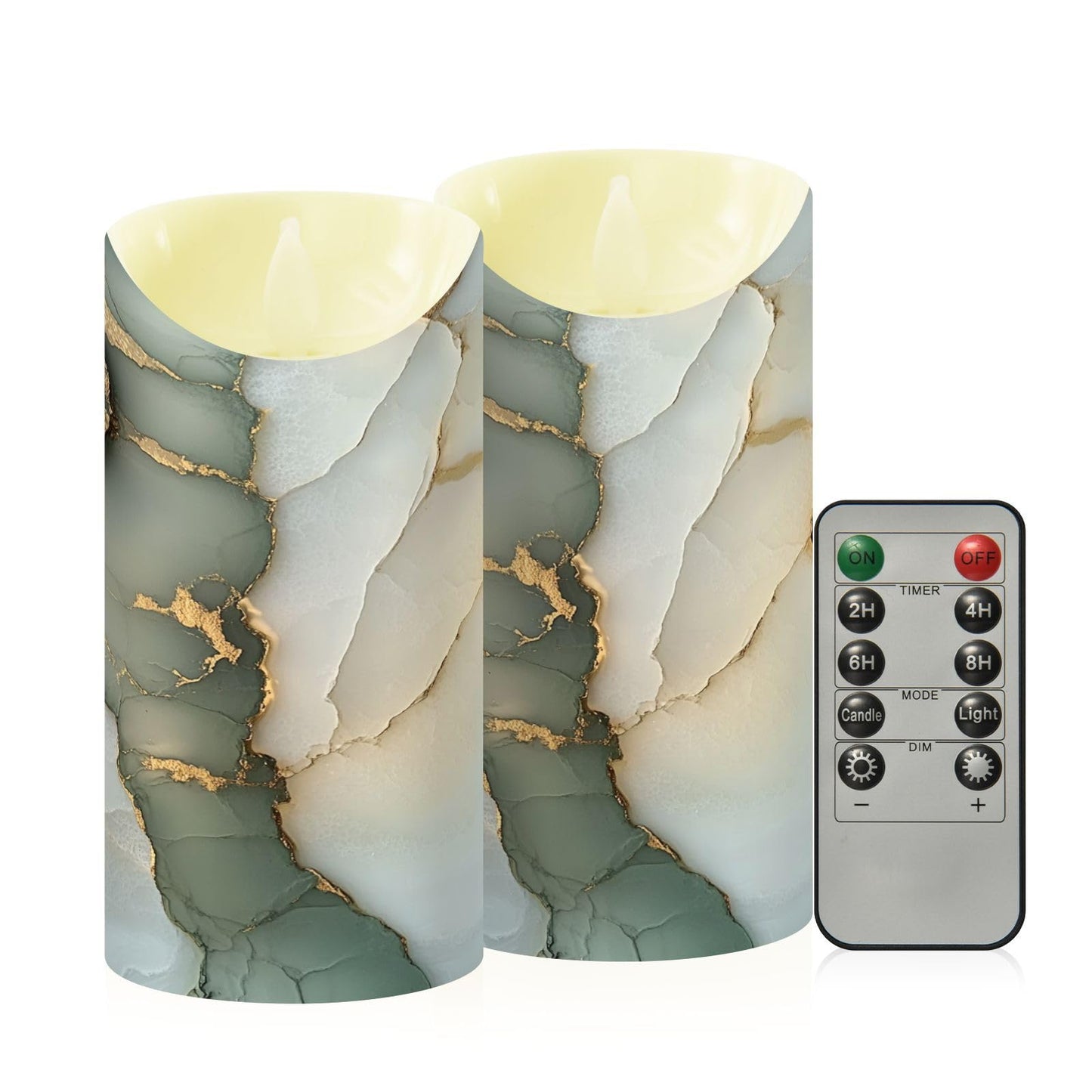 famyily Waterproof Outdoor LED Candles with Timer 2/4/6/8H Reusable Battery Operated Fake Candles for New Year’s Eve Party 5.9x3in - Marble Sage Green White