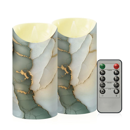 famyily Waterproof Outdoor LED Candles with Timer 2/4/6/8H Reusable Battery Operated Fake Candles for New Year’s Eve Party 5.9x3in - Marble Sage Green White