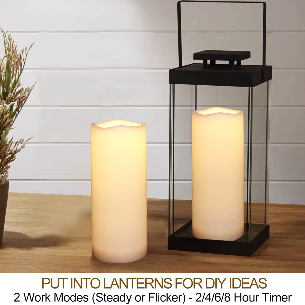 HOME MOST Pack of 2 White LED Candles Outdoor 3x8 - Unscented IP65 Waterproof Battery Powered Flameless Pillar With Remote and Timer - Flickering