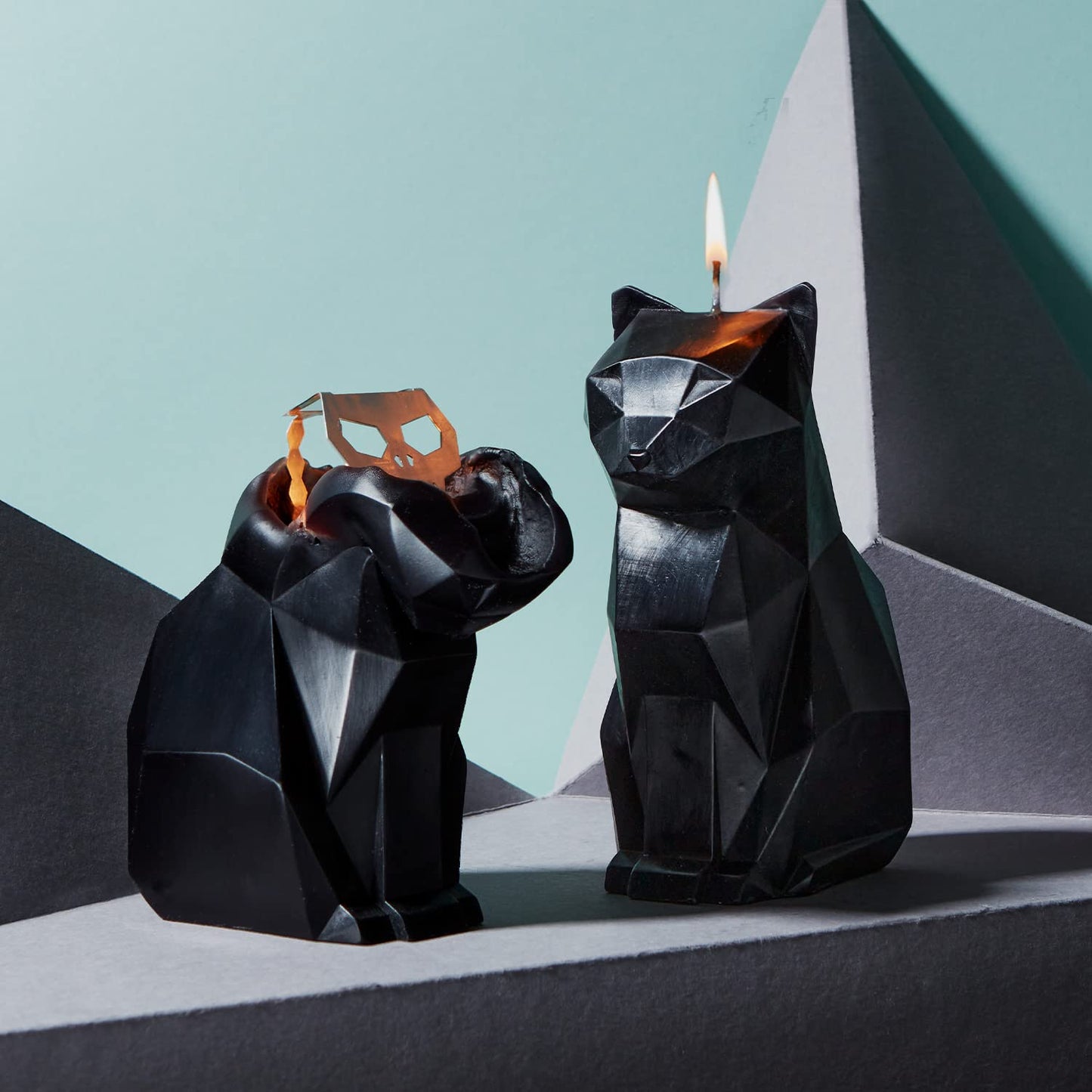 Pyropet Kisa Cat Candle with Skeleton Inside, Black, 20 to 25 Hour Burn, 6.7 x 2.9 x 4.5 in Sculptural Geometric Kitty and Creepy Cute Décor, Unique Melting Christmas Gift for Cat Lovers